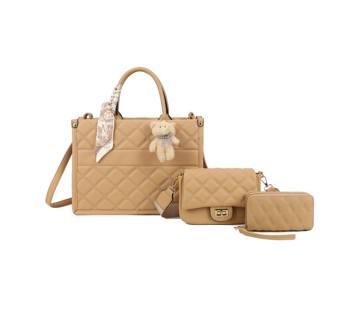 3 IN 1 Fashion Qulited Stylish Handbag Set and Middle Messenger with Small Wallet