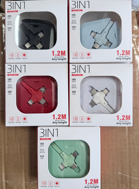 3 IN 1 Retractable USE, Type C, and Micro USB Charge Cable Random Color