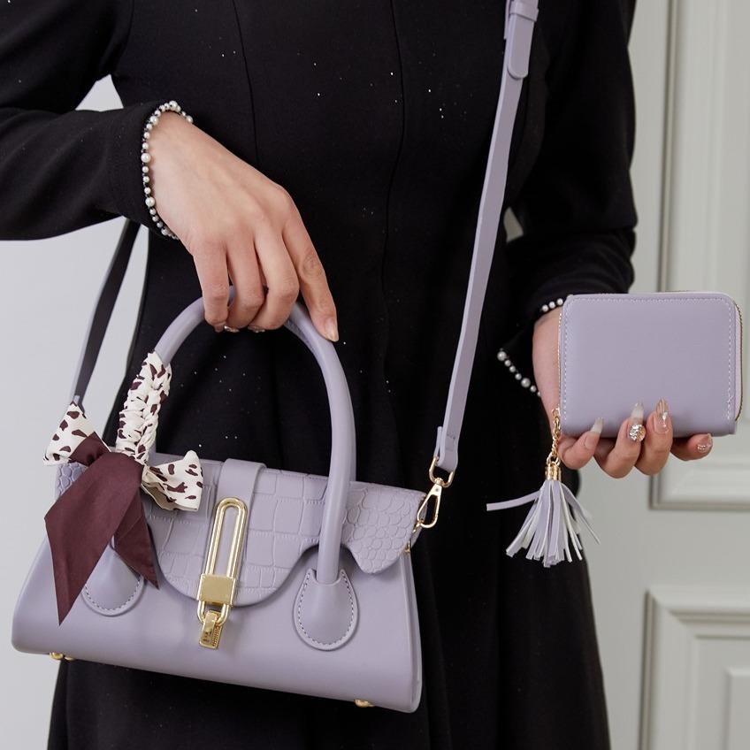 PU906-M2 Women's curved handle exquisite handbag with multi-colored silk scarf