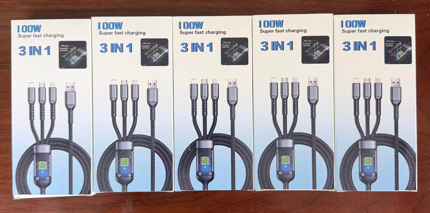 5 Pack - 3 IN 1 Super Fast Charging Cable Length