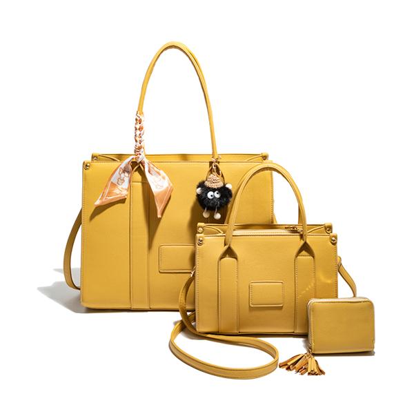 PU25519-T3 3 in 1 solid color simple Fashion Elegant Handbag Set with Middle Messenger and Small Wallet