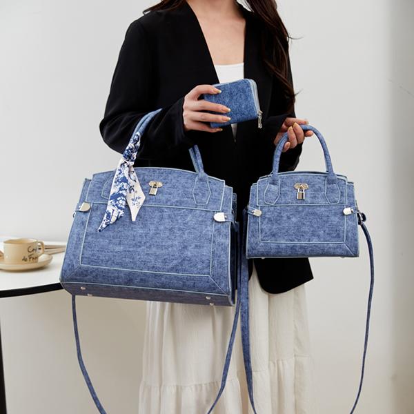 NZ25504-T3 Women's Fashion Denim Plain Tote Bag 3 in 1