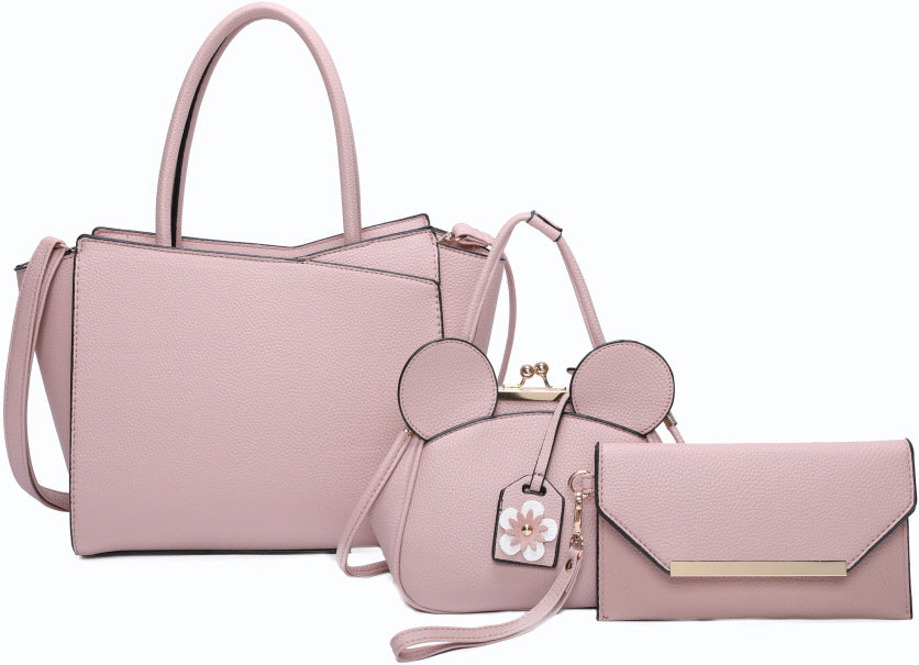 3-PIECE STYLISH PLAIN FLORAL TOTE BAG WITH EARS MINI BAG