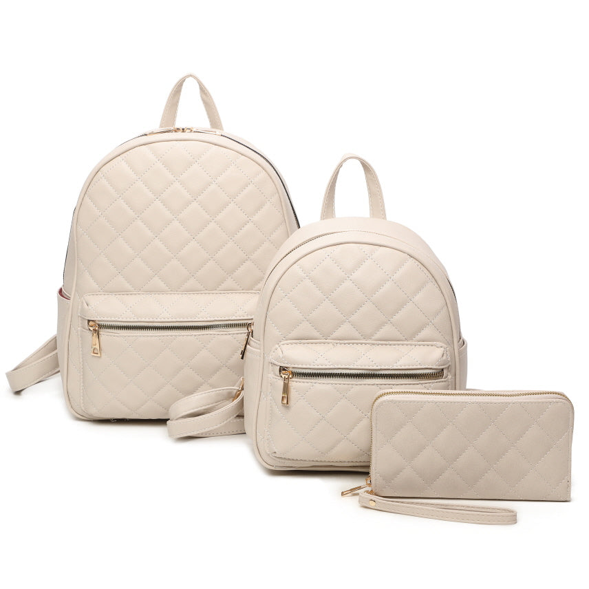 3 IN 1 QUILTED BACKPACK WITH MINI BACKPACK AND WALLET SET