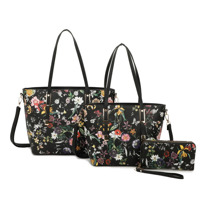 3 IN 1 FLORAL PRINTED BAG WITH MEDIUM SIZE BAG AND WALLET SET