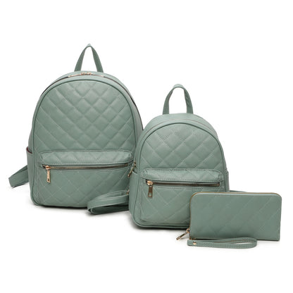 3 IN 1 QUILTED BACKPACK WITH MINI BACKPACK AND WALLET SET