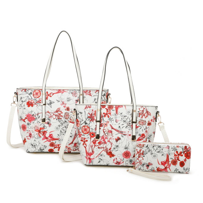 3 IN 1 FLORAL PRINTED BAG WITH MEDIUM SIZE BAG AND WALLET SET