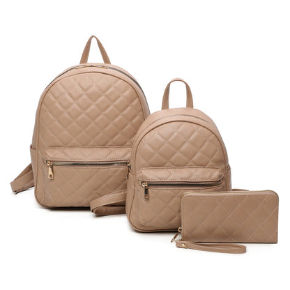 3 IN 1 QUILTED BACKPACK WITH MINI BACKPACK AND WALLET SET