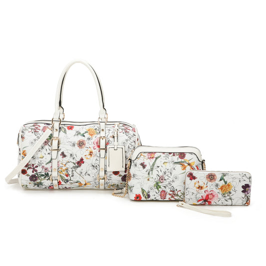 3 IN 1 FLORAL PRINTED DUFFLE BAG WITH CROSSBODY AND WALLET SET