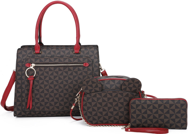 BURGUNDY 3-PIECE MONOGRAM SATCHEL BAGS WITH CUTE BAG SET