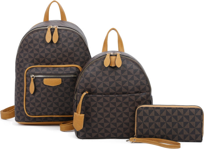 3-PIECE MONOGRAM FRONT ZIPPER STYLISH BACKPACK SET