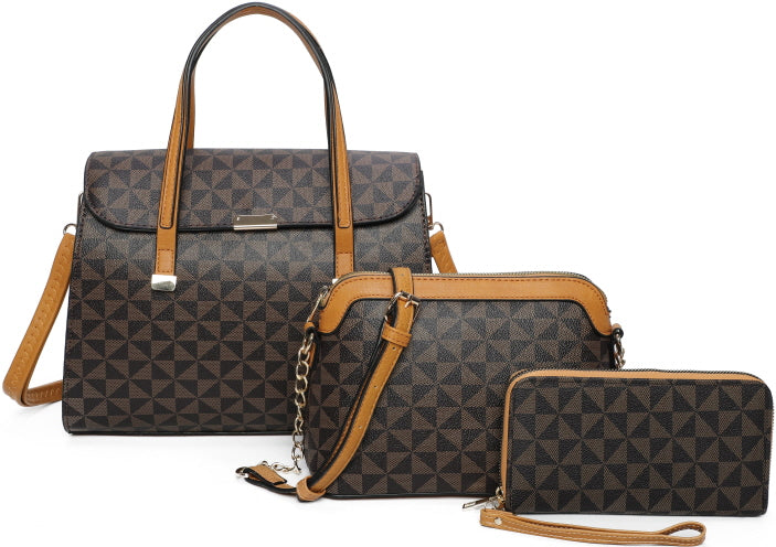 FASHION MONOGRAM 3-PIECE PURSE SET WITH MATCHING BAG