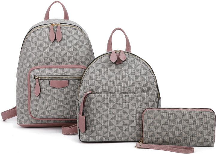 3-PIECE MONOGRAM FRONT ZIPPER STYLISH BACKPACK SET