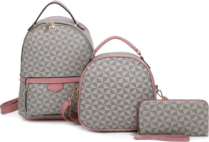 3-PIECE TRIANGLE MONOGRAM ZIPPER BACKPACK WITH MATCHING BAG