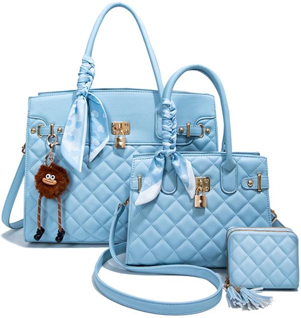 Pu25501-T3  3 in 1 Candy color Fashion Elegant Handbag Set with Middle Messenger and Small Wallet