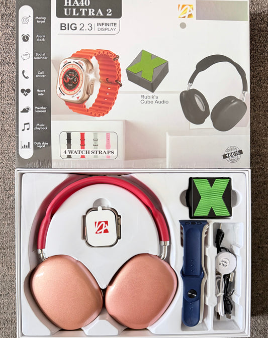 HA40 Ultra 2 Smart Watch w/ 4 bands, Rubik's Cube Audio & Headphone(Not Apple)